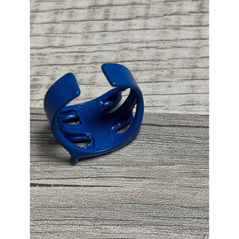 Cobalt Blue Enamel Wavy Multi Strand Cage Statement Ring Adjustable Size 8